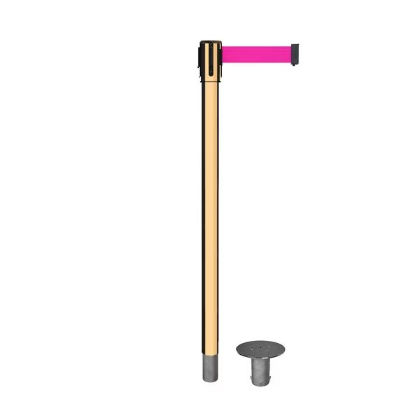 Retractable Belt Removable Stanchion, 2ft Pol.Brass Post  7.5ft Fl.Pnk, Montour Line, Mfr#: MX530R-PB-FPK-75